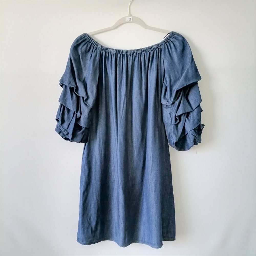 Cato Womens Blue Denim Off The Shoulder Ruffle Bell Sleeve Shift Dress Size S